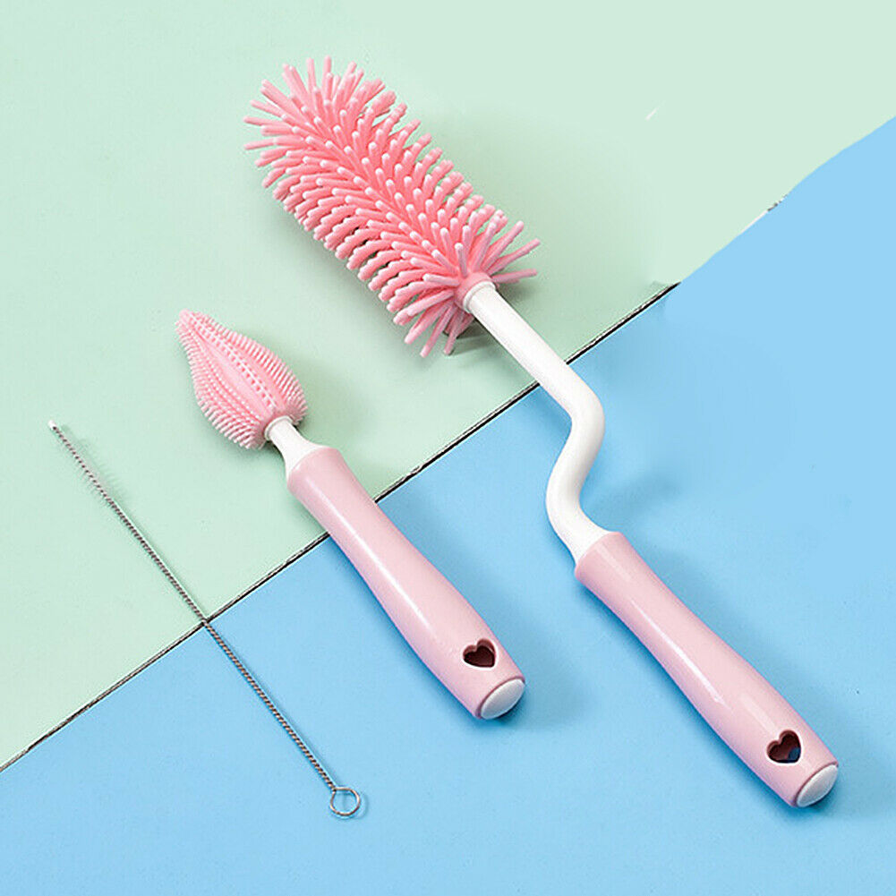 US 3PCS Set Silicone Feeding Baby Bottle Nipple Straw Cleaning Brush 360 Degree